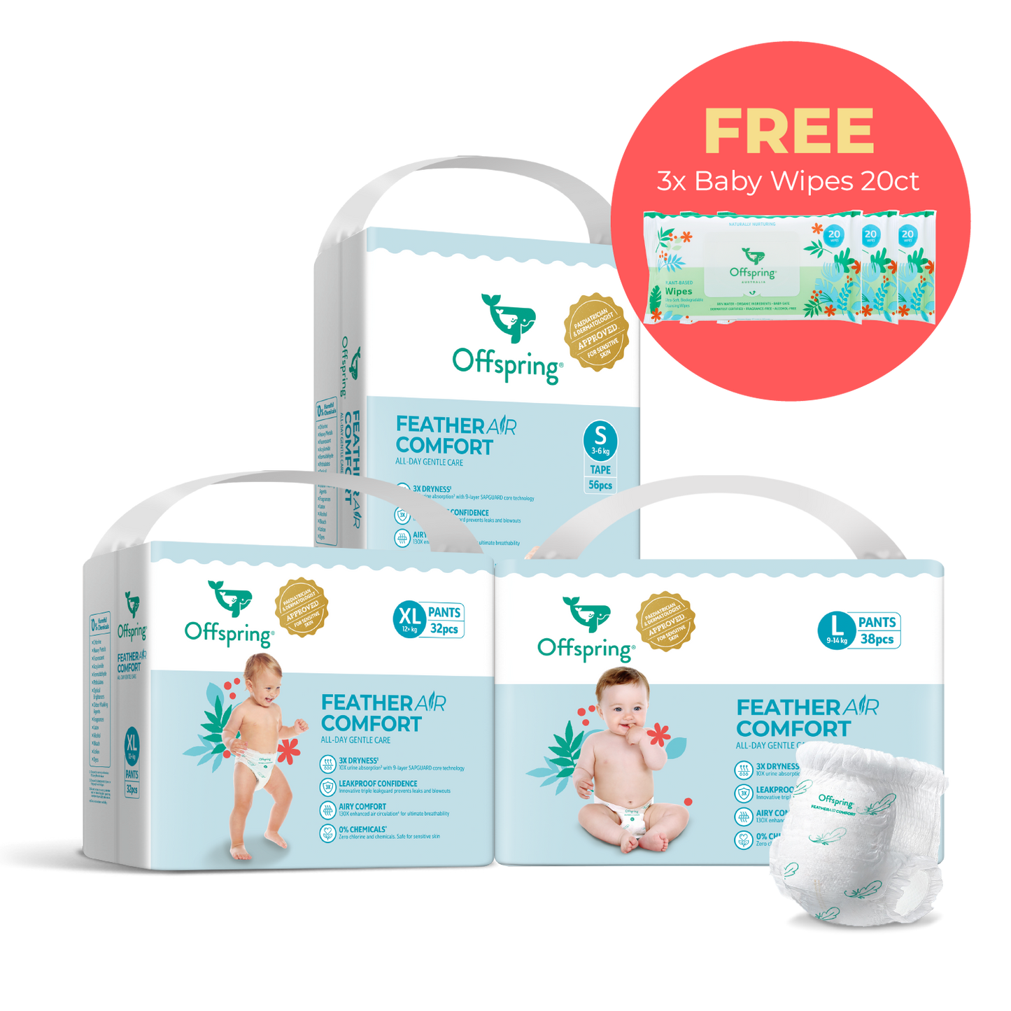 Offspring® FeatherAir Comfort Diapers - 3 Pack Bundle