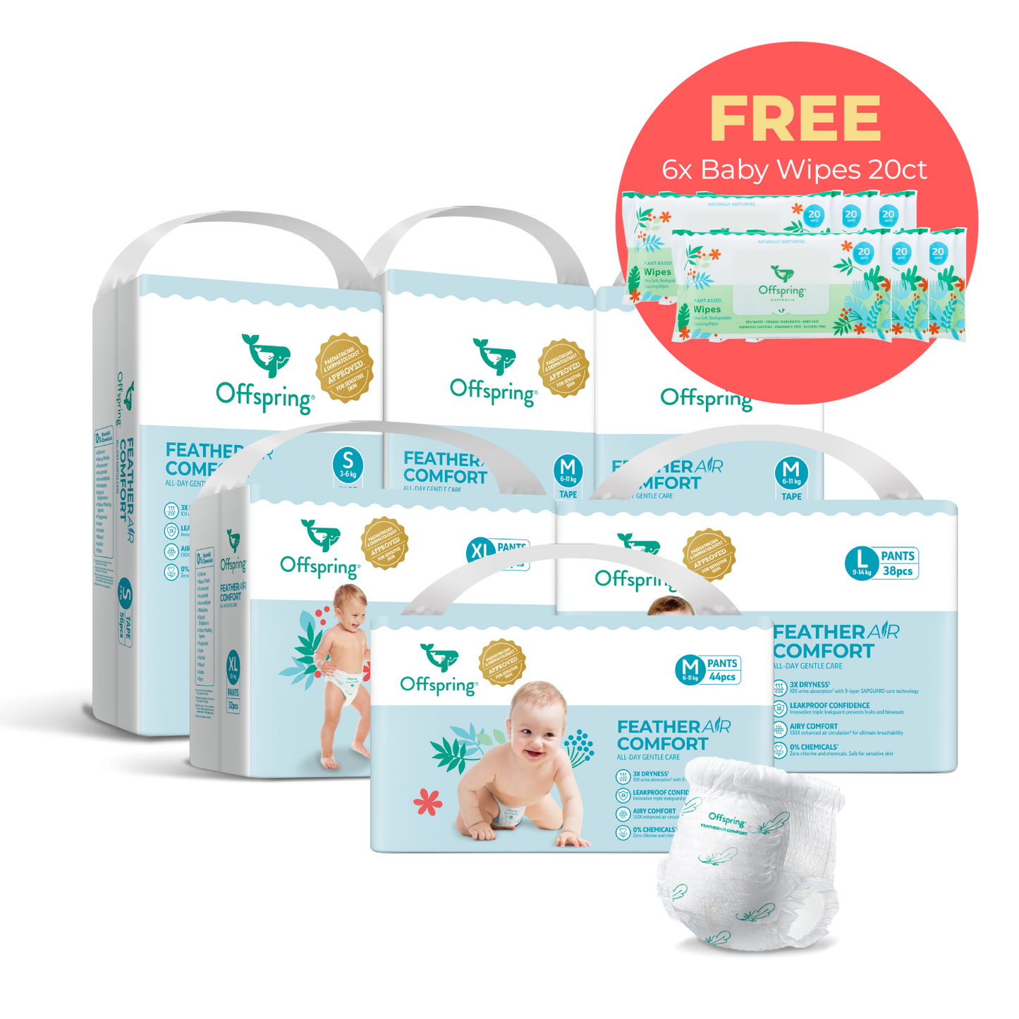 Offspring® FeatherAir Comfort Diapers - 6 Pack Bundle