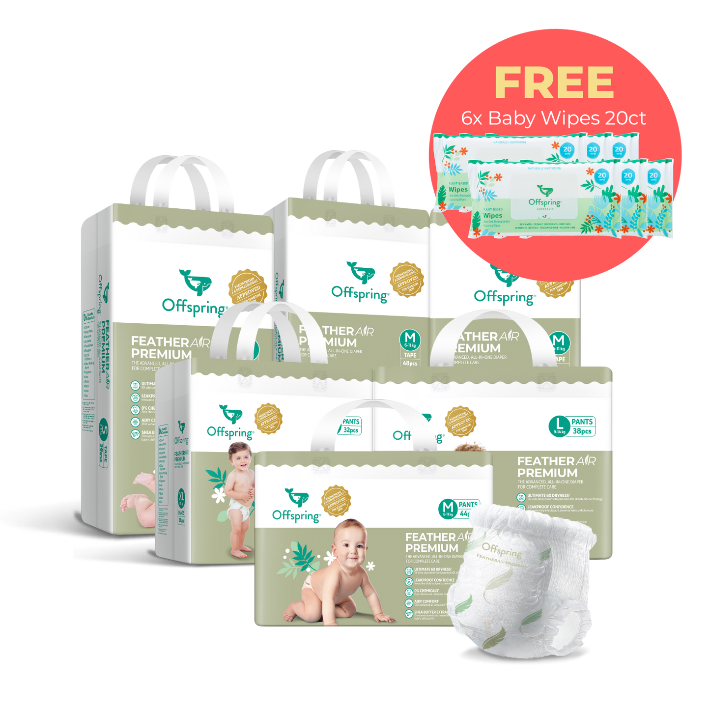 Offspring® FeatherAir Premium Diapers - 6 Pack Bundle